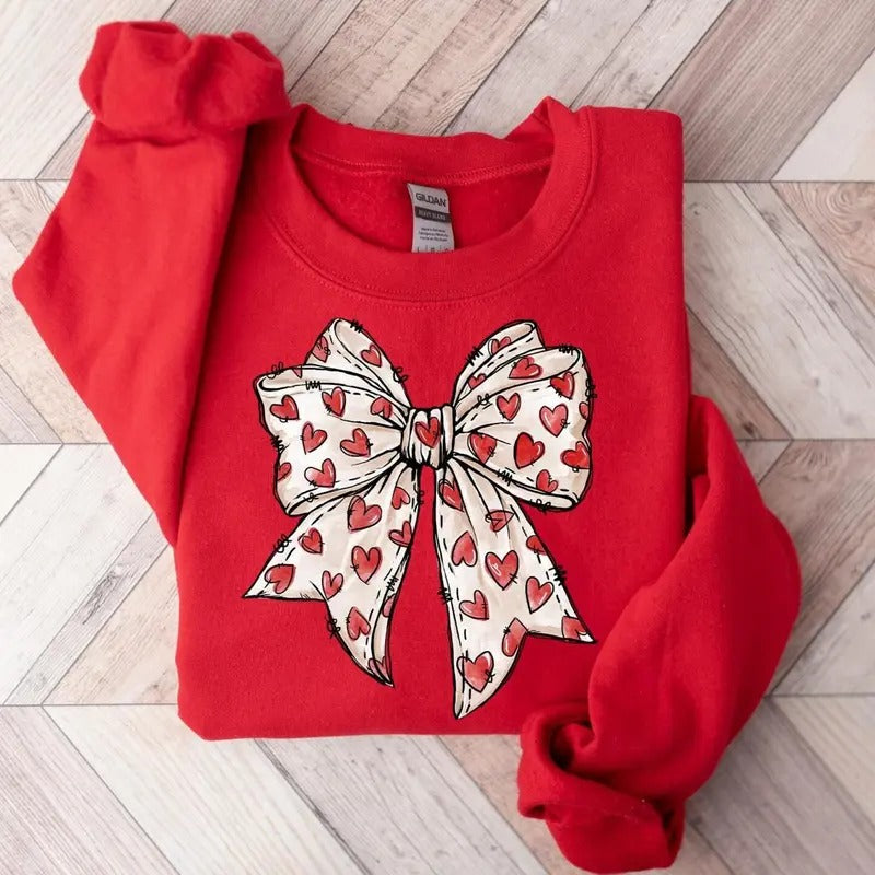 Coquette Valentine's Day Heart Bow Sweatshirt, Retro Valentine Shirt, Valentines Day Bow Shirt, Coquette Bow T Shirt,...