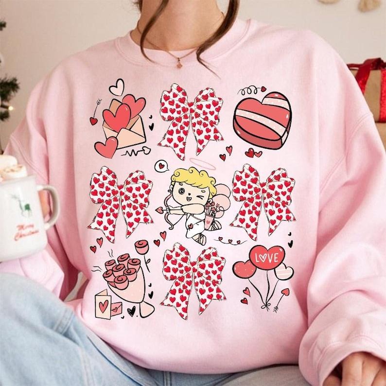Coquette Valentines Day Sweatshirt Valentine Bow , Valentine Heart Coquette Bow , Valentine Cupid  , XOXO , Retro...