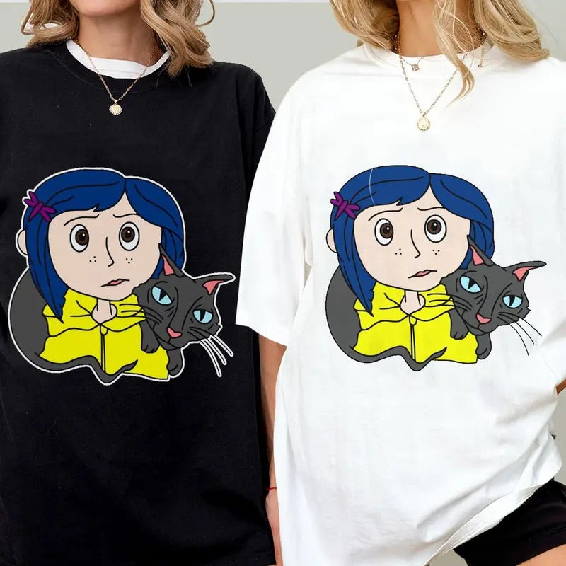 Coraline  with Black Cat Shirt, Coraline horror movies tshirt, Horror Character Shirt, Halloween Crewneck Sweatshirt Hoodie