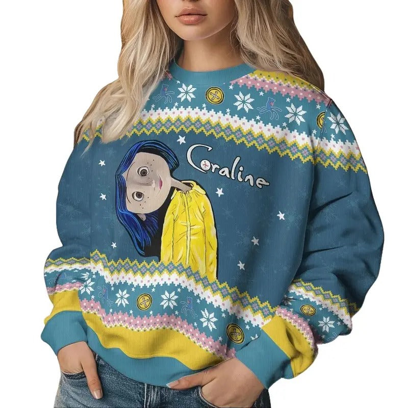 Coraline Ugly Christmas  Sweater, Vintage Horror Characters Sweatshirt, Spooky Movie Shirt, Coraline Doll Sweater, Xmas...
