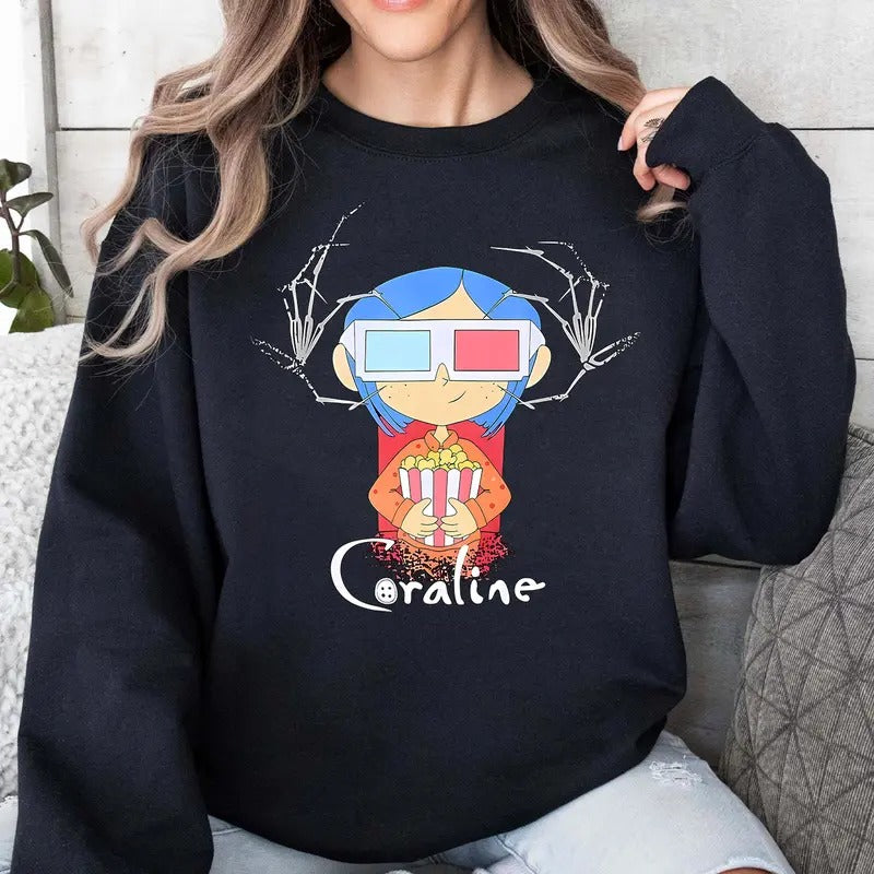 Coraline in Cinema 3D Sweatshirt, Coraline Movies Shirt, Coraline Horror Movies Hoodie, Christmas Hallowen Gift, Trendy...