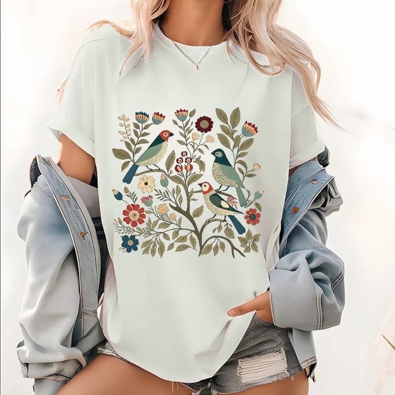 Cottagecore Birds and Flowers Shirt, Folk Art Scandi Art T Shirt, Plus Sizes and Oversized TShirts, Bird Gifts, Flower...