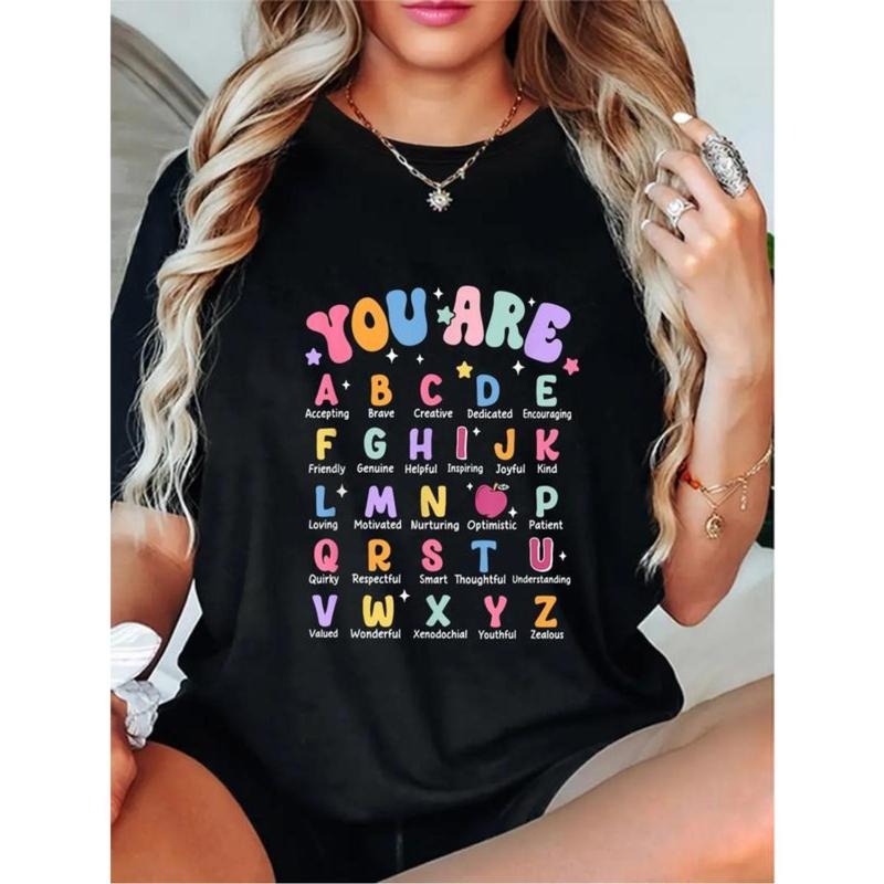 Cotton Alphabet ABCs Learning T-Shirt For Boys Girls Reading Teachers Casual Graphic Tees Women Fashion Hoodie, Sweatshirt