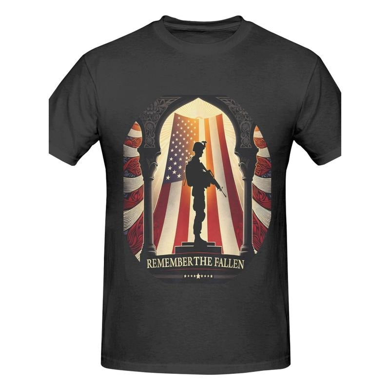 Cotton Black T-Shirt Remembering The Fallen Soldiers American Flag Memorial Day Casual Fashion, Round Neck Short-Sleeved...