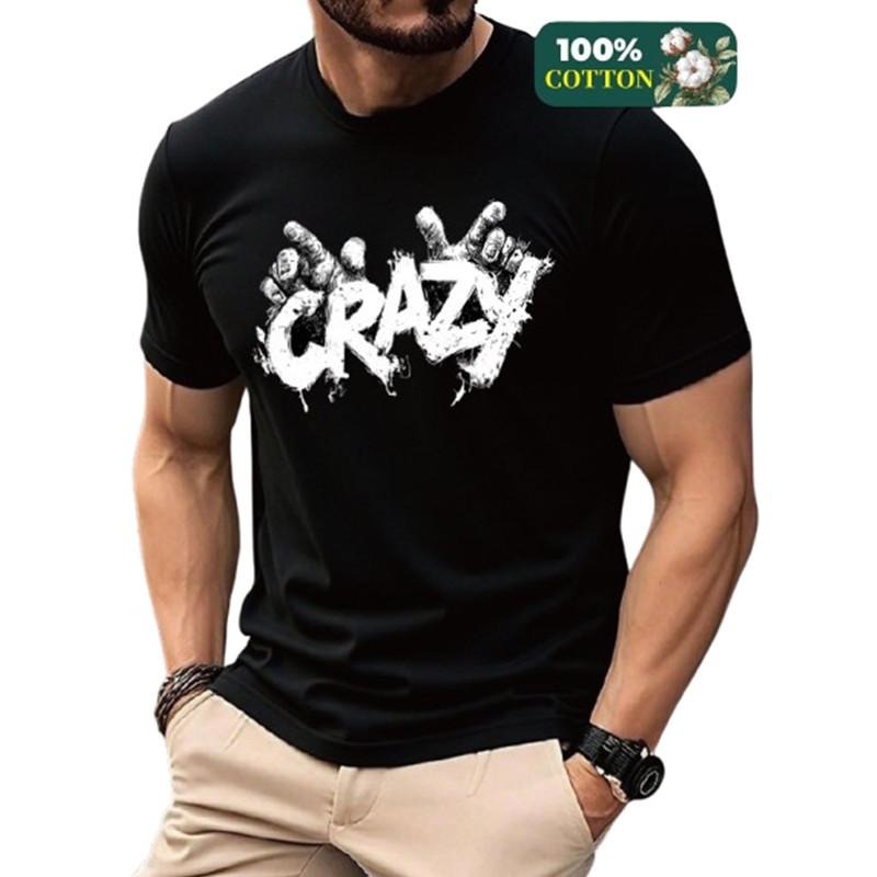Cotton Blend Summer Casual T-shirt For Mens,Short Sleeve Crew Neck with "Crazy" Graphics Print DY3 Hoodie, Sweatshirt