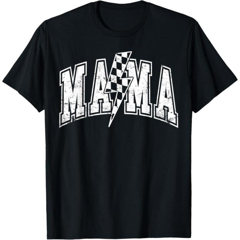 Cotton Short Sleeve  T-Shirt Mama Lightning Bolt Checkered Varsity Mom Mother's Day T-Shirt Baseball Graphic tees Hoodie,...