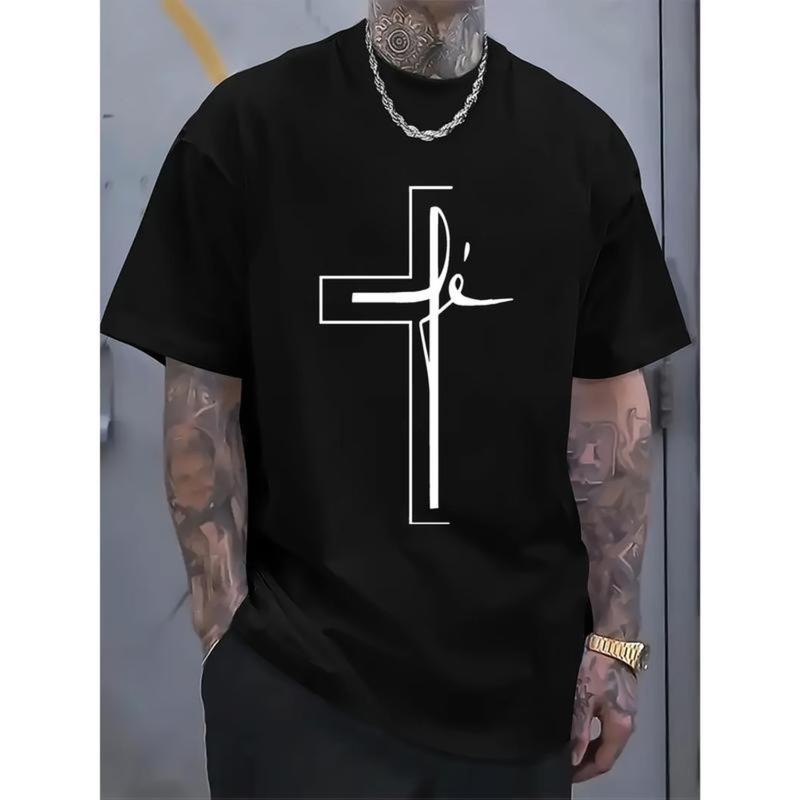 Cotton Short Sleeve  T-Shirt Men'S Summer Casual Sports T-Shirt with Religious Cross Print, Polyester 100%, Crew Neck,...