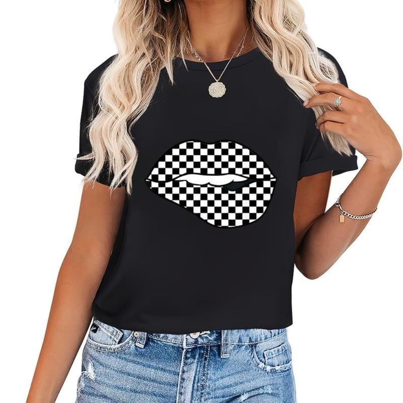 Cotton Short Sleeve Womens Funny Checkered Black White Lip Gift Cute Checkerboard Women T-Shirt for Men Women Hoodie,...