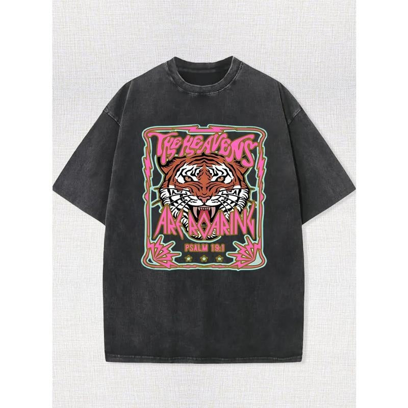 Cotton Trend Printing T-Shirt with Round Neck and Short Sleeves High-Quality Batik Tiger Head Washed for Old Summer Wear...