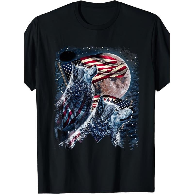 Cotton Wolf 4th Of July American Flag Howling Wolves Under Moon T-Shirt Made in USA Hoodie, Sweatshirt | UrbanDripWear.com