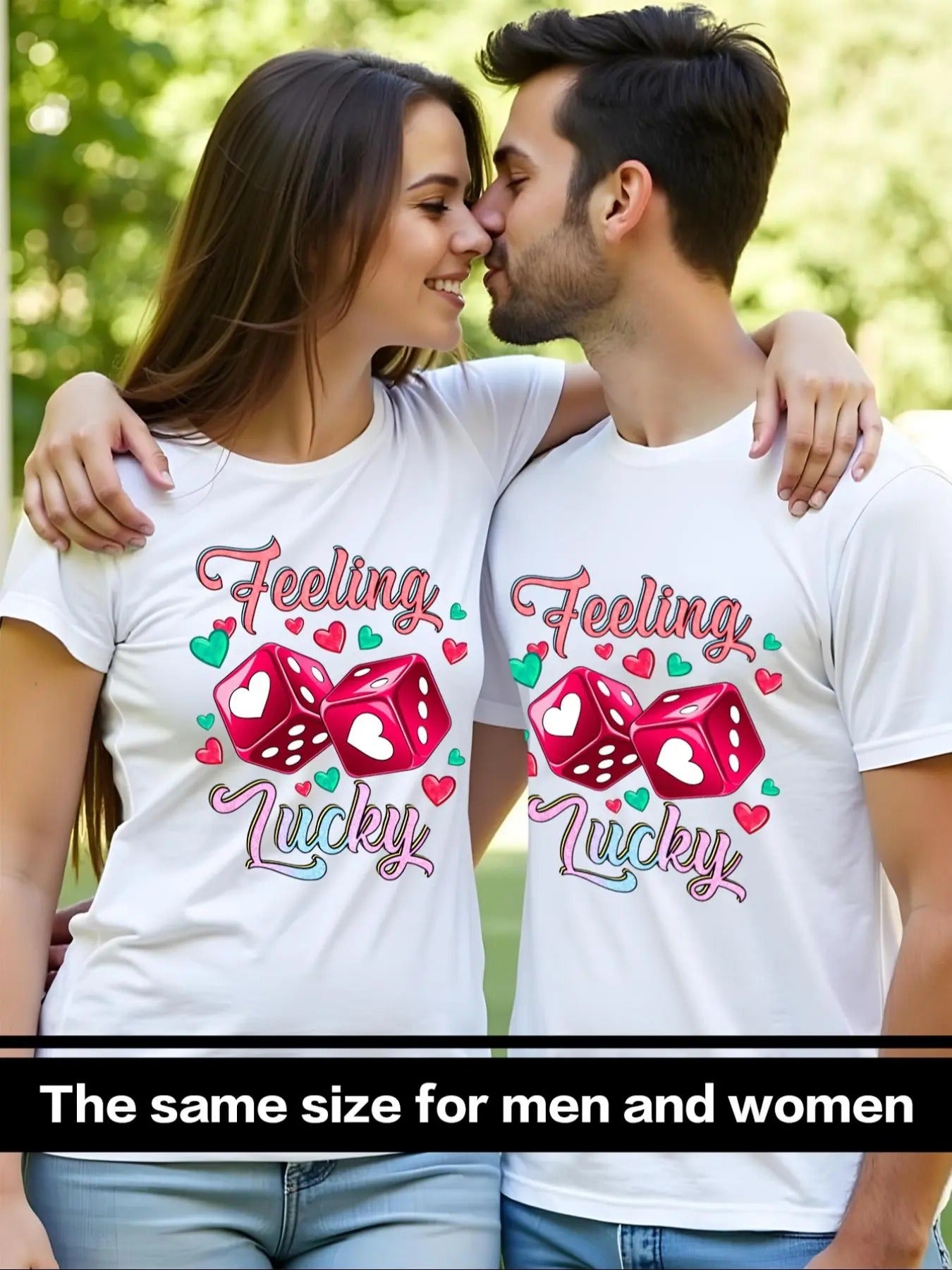 Couple's Dice & Heart Print Short Sleeve Tee, Casual Comfy Letter Print T-shirt for Daily Wear, Couple's Clothing for...