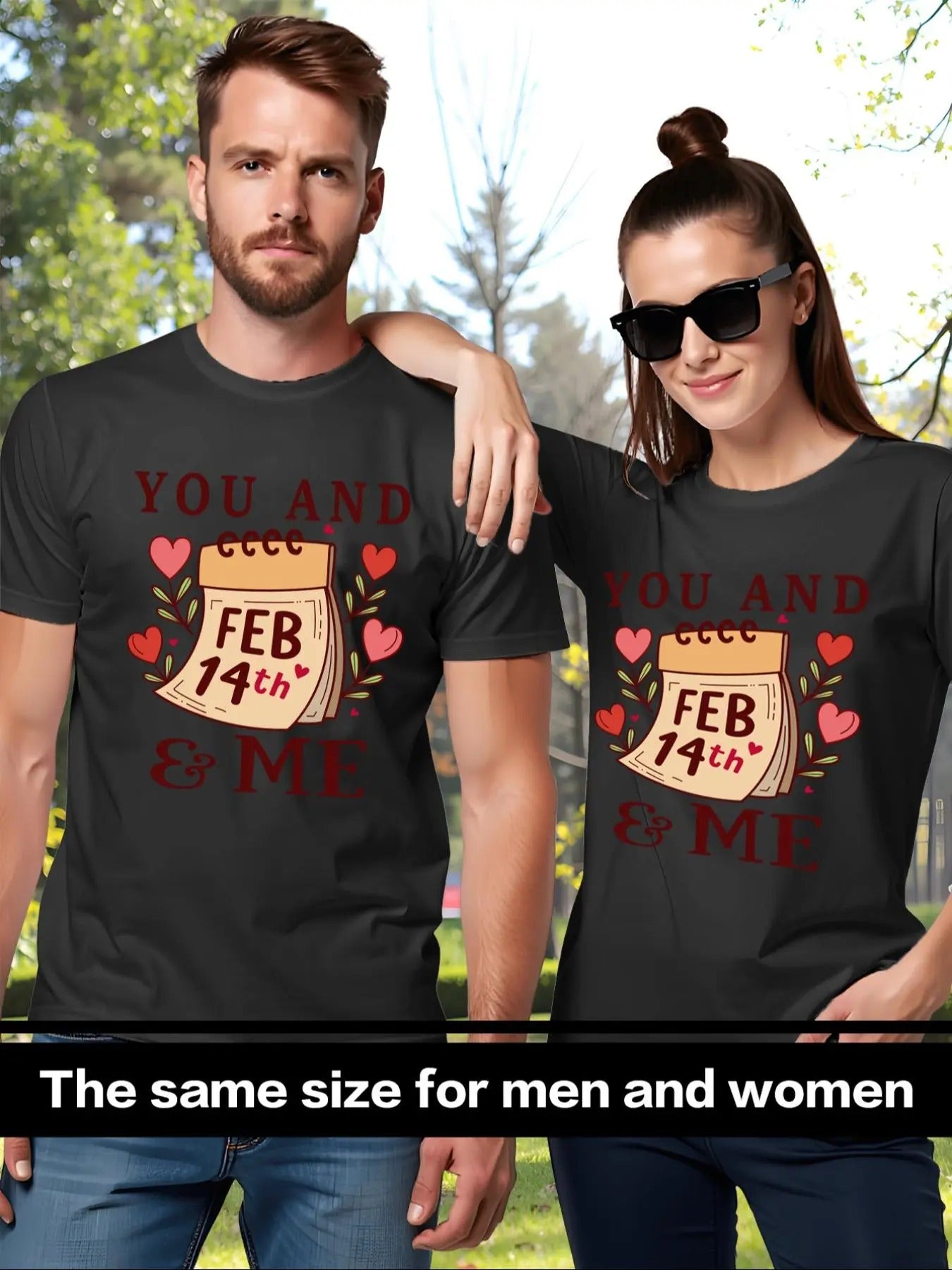 Couple's Heart & Letter Print Short Sleeve Graphic Tee, Casual Valentines Day Couples T-shirt for Daily Wear, Couple...