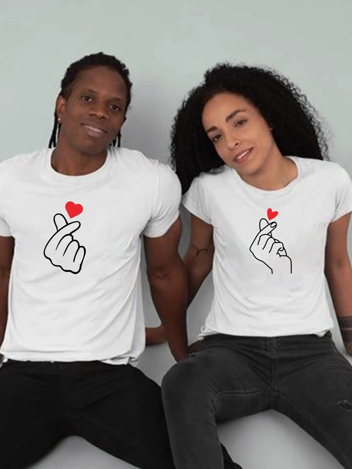 Couple's Heart Print Short Sleeve T-Shirt, Casual Street Loose Couple Tee, Couples Clothing for Daily Wear Hoodie, Sweatshirt