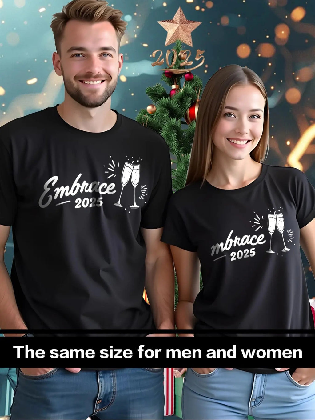 Couple's Letter & Champagne Print Short Sleeve Graphic Tee, Casual Round Neck T-shirt for Summer, Couple's Clothing for...