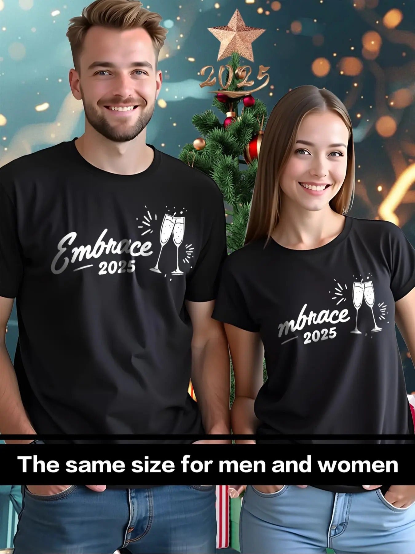 Couple's Letter & Champagne Print Short Sleeve Graphic Tee, Casual Round Neck T-shirt for Summer, Couple's Clothing for...