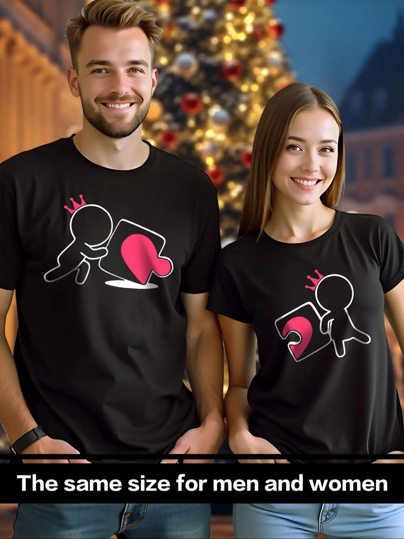 Couple's Puzzle Print Short Sleeve Graphic Tee, Casual Comfy Round Neck T-shirt for Daily Wear, Couple's Clothing for...