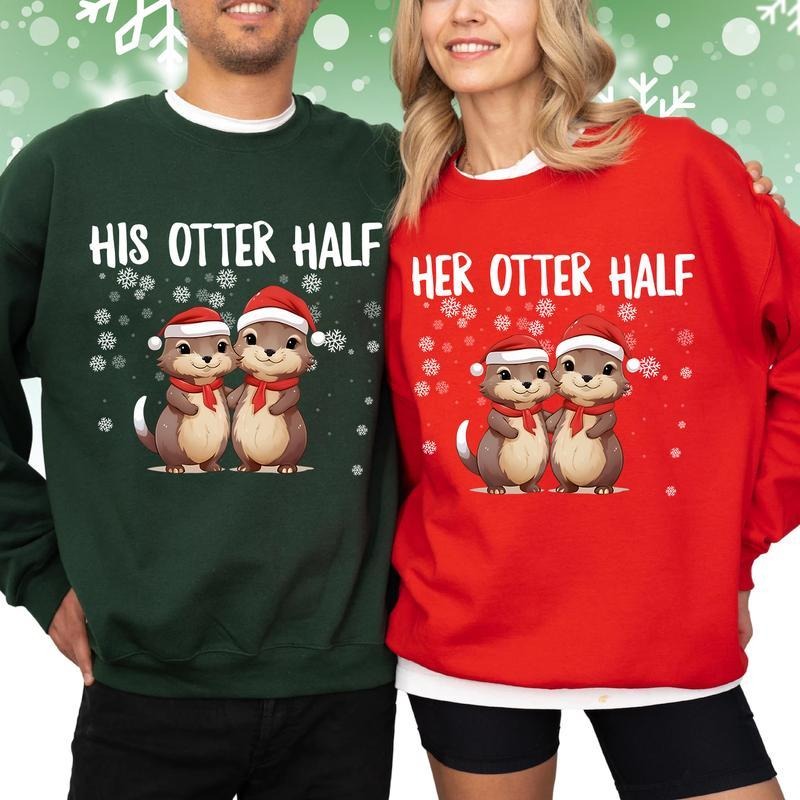 Couples Christmas Sweatshirts, Couple Christmas Sweatshirts Otter Puns Matching Christmas Shirts Funny Ugly Sweatshirts...
