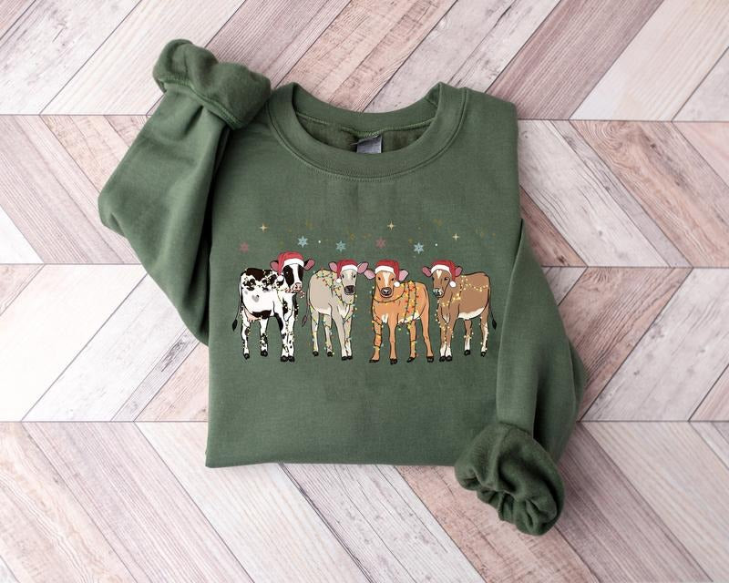 Cow Santa Sweatshirt, Christmas Cow Crewneck Sweatshirt, Funny Christmas Shirt, Cow Lover Gift, Farm Christmas, Western,...