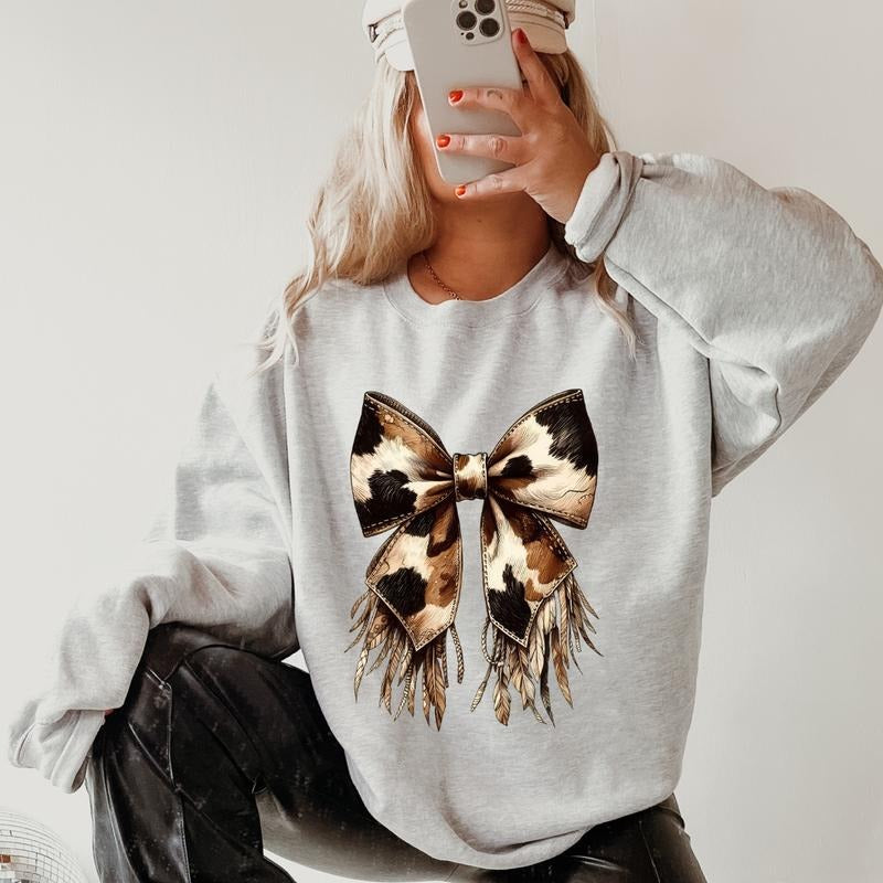 Cow print Bow Western Bow Sweatshirt,  Christmas Graphic Sweatshirt for Men and Women - Pullover, Comfortable T-Shirts,...