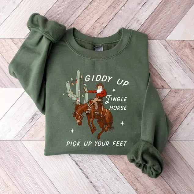 Cowboy Christmas Sweater, Giddy Up Jingle Horse Pick Up Your Feet, Cowgirl Shirt, Christmas Sweatshirt, Howdy Country...