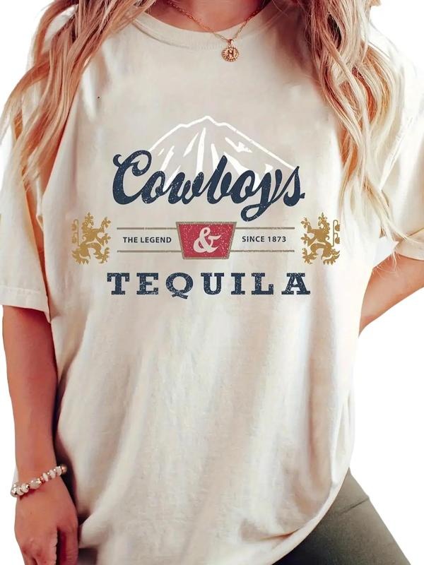 Cowboy Print Drop Shoulder T-shirt, Short Sleeve Crew Neck Casual Top For Spring & Summer, Women's Clothing Womenswear...