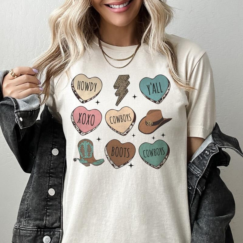 Cowboy hearts Tee Valentines T-Shirt Country Southern Tshirt Western Cowgirl Shirt Valentines Hearts Tee Soft Print...