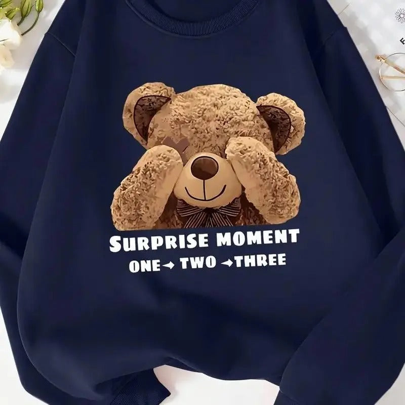 Cozy B.e.ar Print Crew Neck Pullover Sweater, Surprise Moment One Two Three Sweatshirt T-Shirts, Hoodie | UrbanDripWear.com