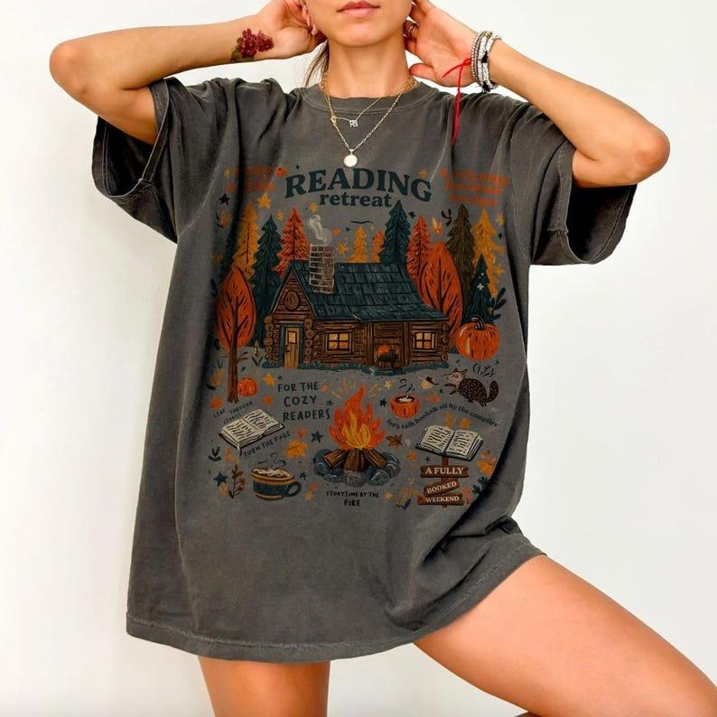 Cozy Cabin Reading Retreat Tshirt, Fall Bookish Tee, Book Lover Shirt, Autumn Cozy Readers T-Shirt Tops Womenswear...