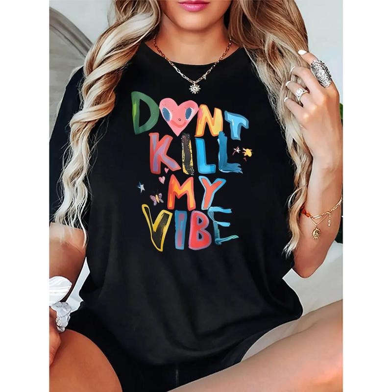 Creative English Colorful Atmosphere Pattern Printed Women's Fashionable Round Neck Short Sleeve, Simple Casual Sports...