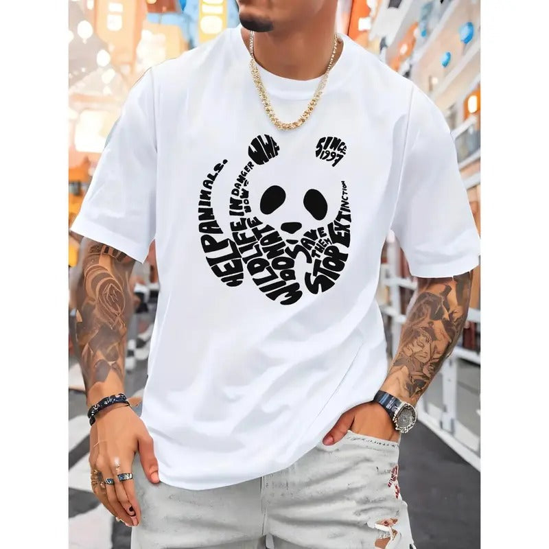 Creative Panda Outline Graph And Letters Print, Men's Crew Neck Short Sleeve Summer T-shirt, Casual Comfy Top For Daily...