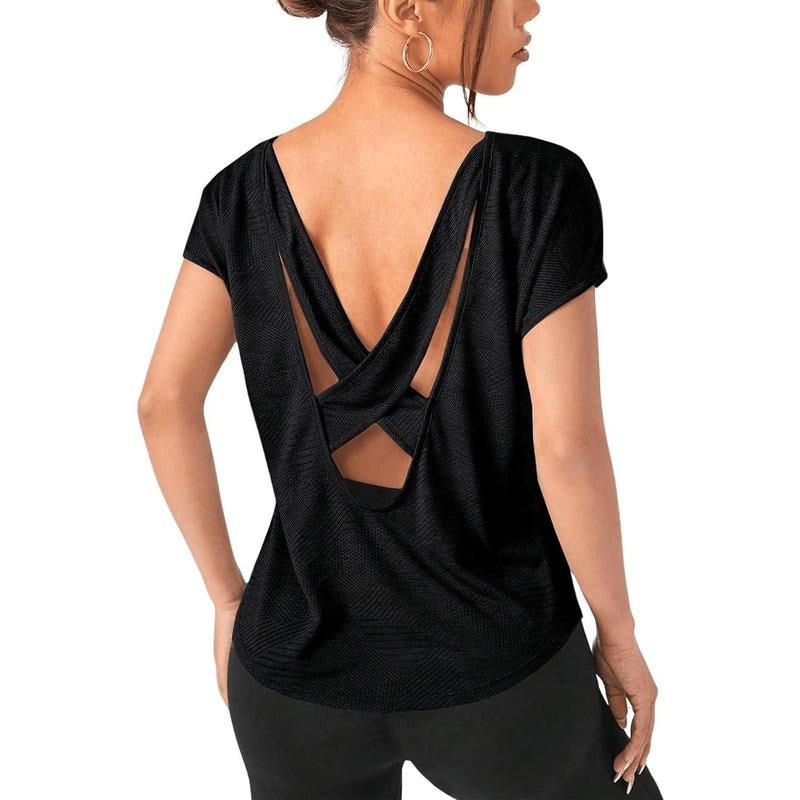 Criss Cross Backless Yoga Shirt Sports Tops Short Sleeve Round Neck Workout T Shirt Hoodie, Sweatshirt | UrbanDripWear.com