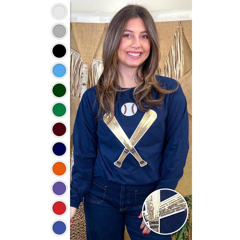 Crossed Bats Sequin Baseball Graphic  Long Sleeve T-Shirt Hoodie, Sweatshirt | UrbanDripWear.com