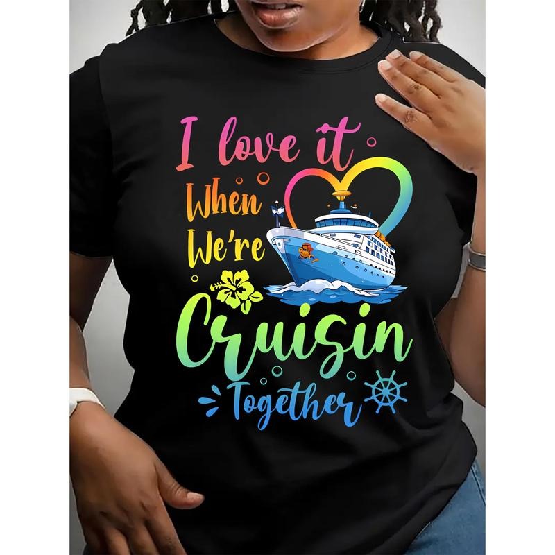Cruise Travel Graphic Print T-Shirt, Short Sleeve Crew Neck Casual Top For Summer & Spring, Women's Clothing Hoodie,...