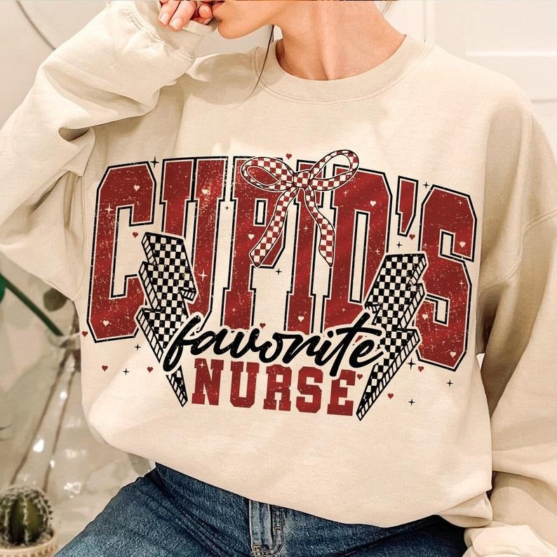 Cupid's favorite Nurse Sweatshirt, Nurse life Valentine Sweatshirt, Nurse Coquette bow checkred Sweatshirt, Valentines...