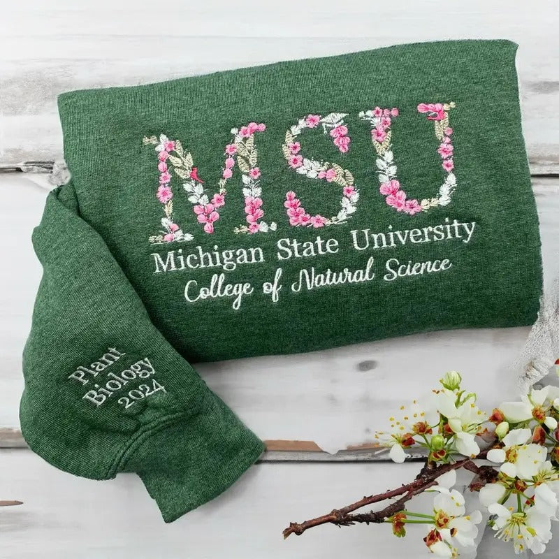 Custom College Embroidered Sweatshirt, Floral Letter Embroidered Shirt, College University High School Crewneck, Graduation Gift For Friend Hoodie