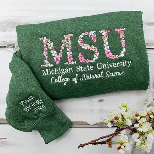 Custom College Embroidered Sweatshirt, Floral Letter Embroidered Shirt, College University High School Crewneck, Graduation Gift For Friend Hoodie