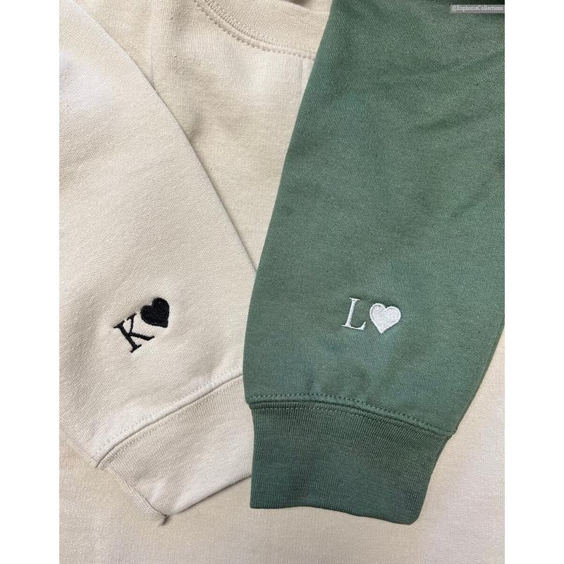 Custom Embroidered Initial Heart Sweatshirt, Hoodie, Initial on Sleeve, Couple Anniversary, Personalized Matching...