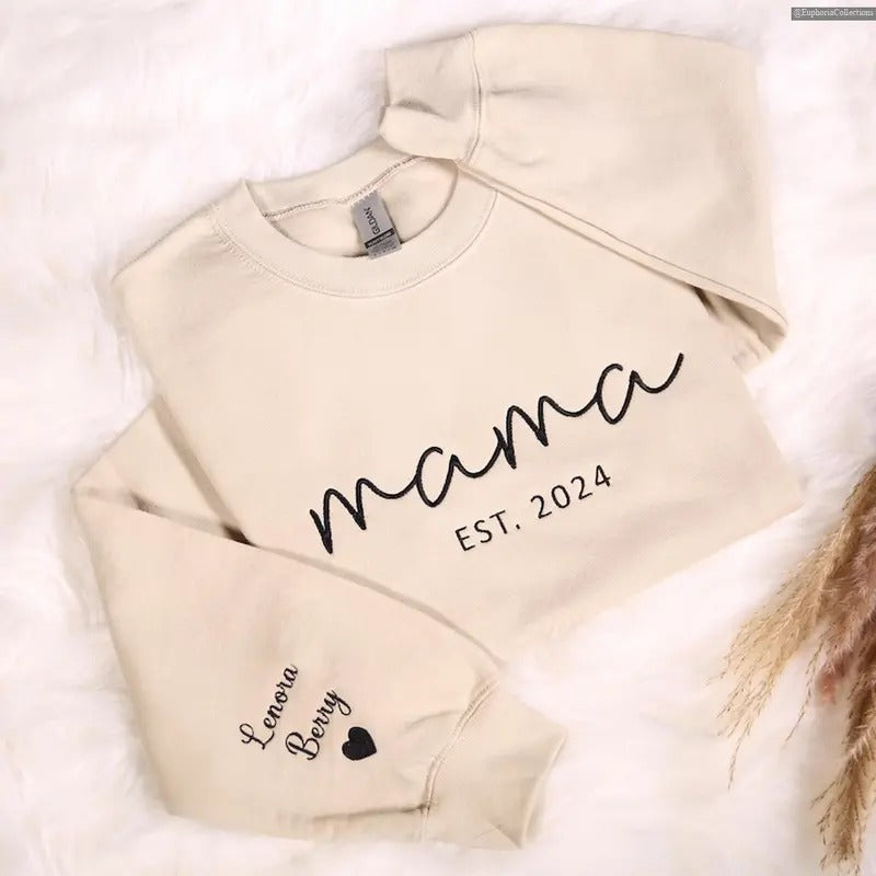 Custom Embroidered Mama Sweatshirt, Hoodie, Tee, Kids Names On Sleeve, Personalized Mom Embroidery, Baby Announcement...