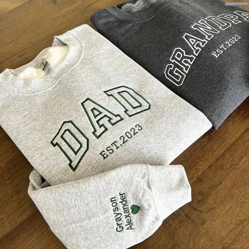 Custom Embroidered Sweater, Hoodie, Tee, Name On Sleeve With Heart, Grandpa Family Shirt With Date, New Daddy Est Year,...