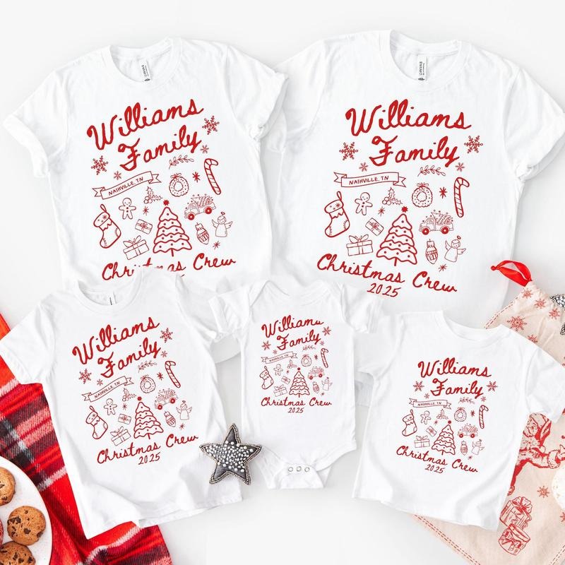 Custom Family Christmas Shirt Matching Holiday Doodle Xmas Tee Personalized Name Christmas Tshirt Christmas Crew Squad...