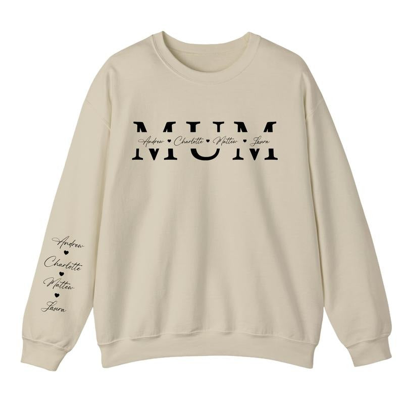 Custom Kids Name On Sleeve and Chest Jumper, Mum Monogram Sweatshirt, Personalised Mother Crewneck Sweatshirt, Pullover...