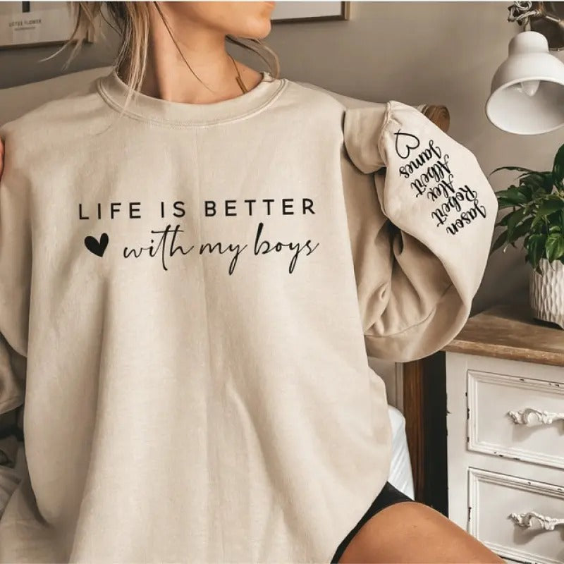 Custom Life is Better With My Boys Sweatshirt and Hoodie, Mom Sweatshirt, Mom Crewneck, Mom Shirt | UrbanDripWear.com