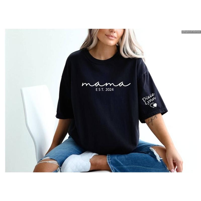 Custom Mama Shirt with Kid Name on Sleeve, Personalized New Mom Shirt, Gift for Mothers Day, Pregnancy Announcement ,...