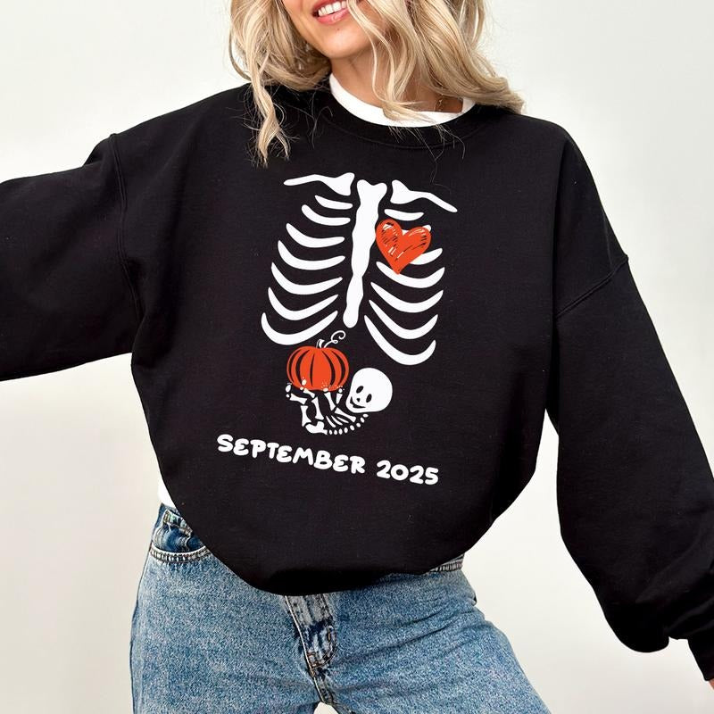 Custom Month| Skeleton Halloween Maternity Sweatshirt, Funny Pregnancy Announcement 2025 T-Shirt, Spooky Pregnant...