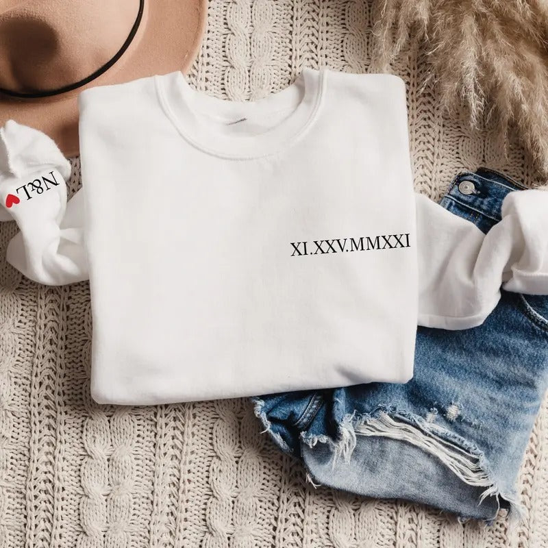 Custom Roman Numerals Valentine's Day Sweatshirt, Initial and Anniversary Date Crewneck, Wedding Couples Matching Gift...