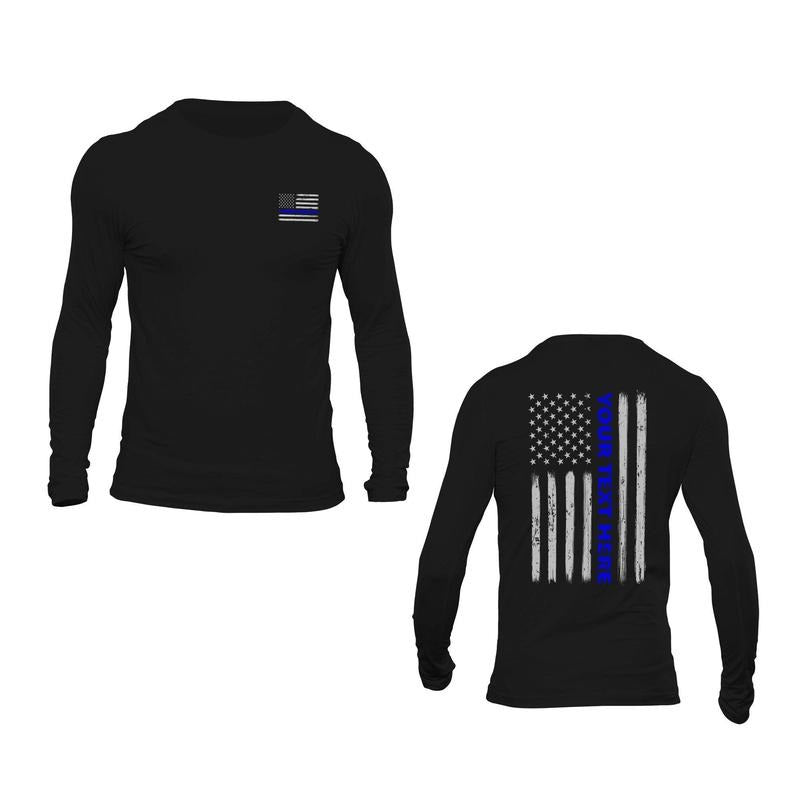 Custom Text Personalized Police Thin Blue Line Flag Long Sleeve T-Shirt Casual Classic Hoodie, Sweatshirt | UrbanDripWear.com