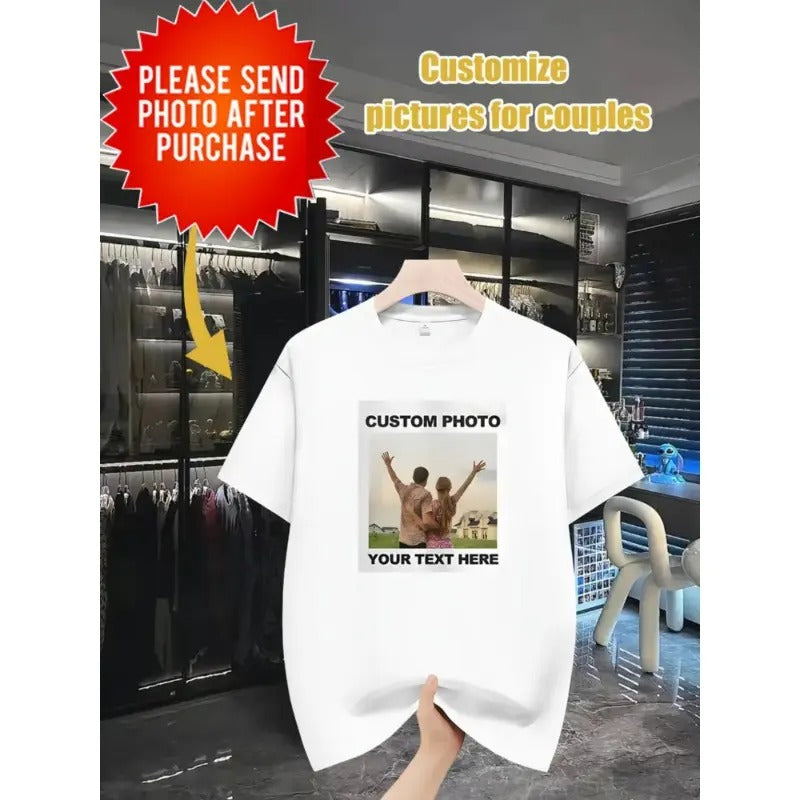 Customizable Photo T-Shirt - Personalized Couple's Picture Print, Casual Polyester, Machine Washable, Round Neck