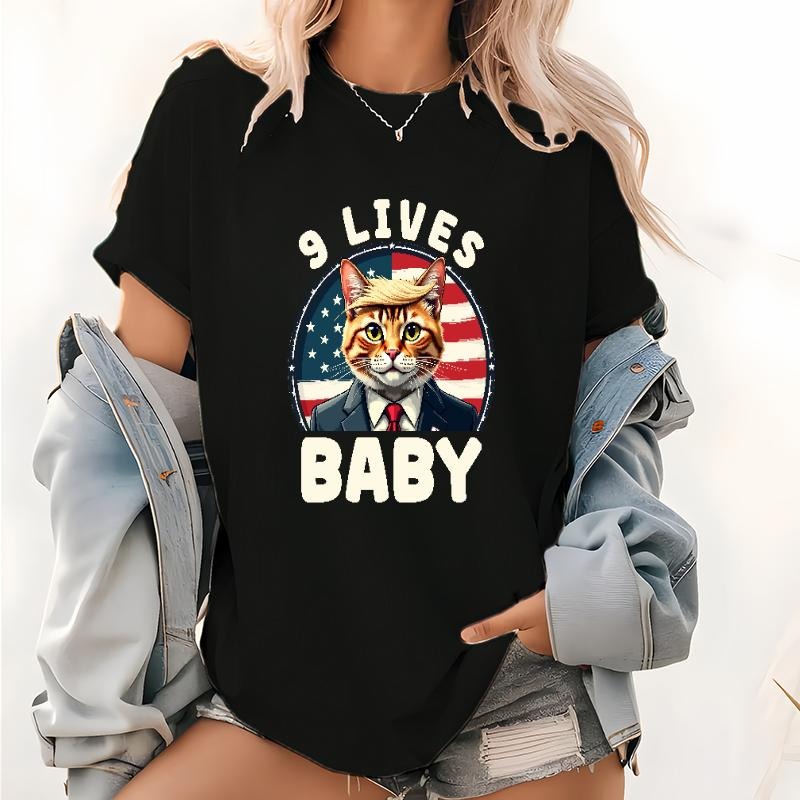 Cute "9 Lives Baby" Cat Trump Women's T - Shirt with American Flag Background Hoodie, Sweatshirt | UrbanDripWear.com