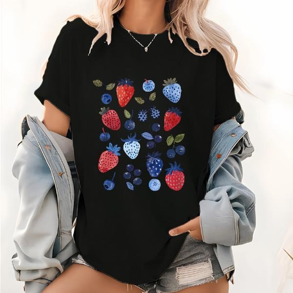 Cute Berry Tshirt |  Strawberry Shirt, Cottagecore Summer Blueberry Shirt, Strawberry Print Top, Botanical Garden Tshirt...