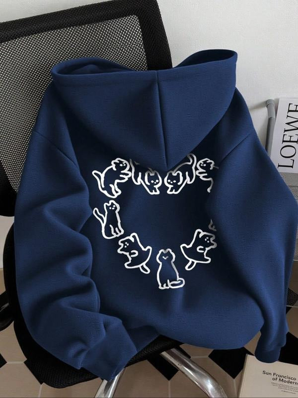 Cute Cat & Heart Print Women's Hooded Sweatshirt, Long Sleeve Fleece Pullover, Casual Fall Winter Wear, Loose Fit for...